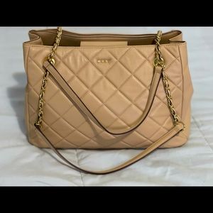 DKNY R81AB297 Tan Quilted Genuine Lamb Leather BARBARA Tote Lg Shoulder Bag $348